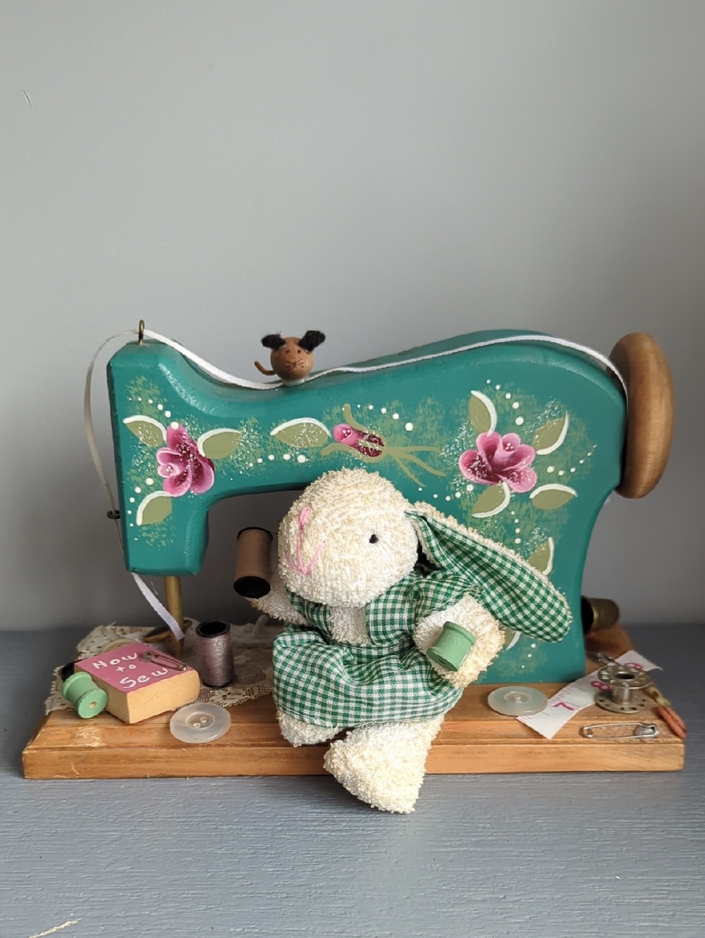 Whimsical Decorative Sewing Machine with Bunny